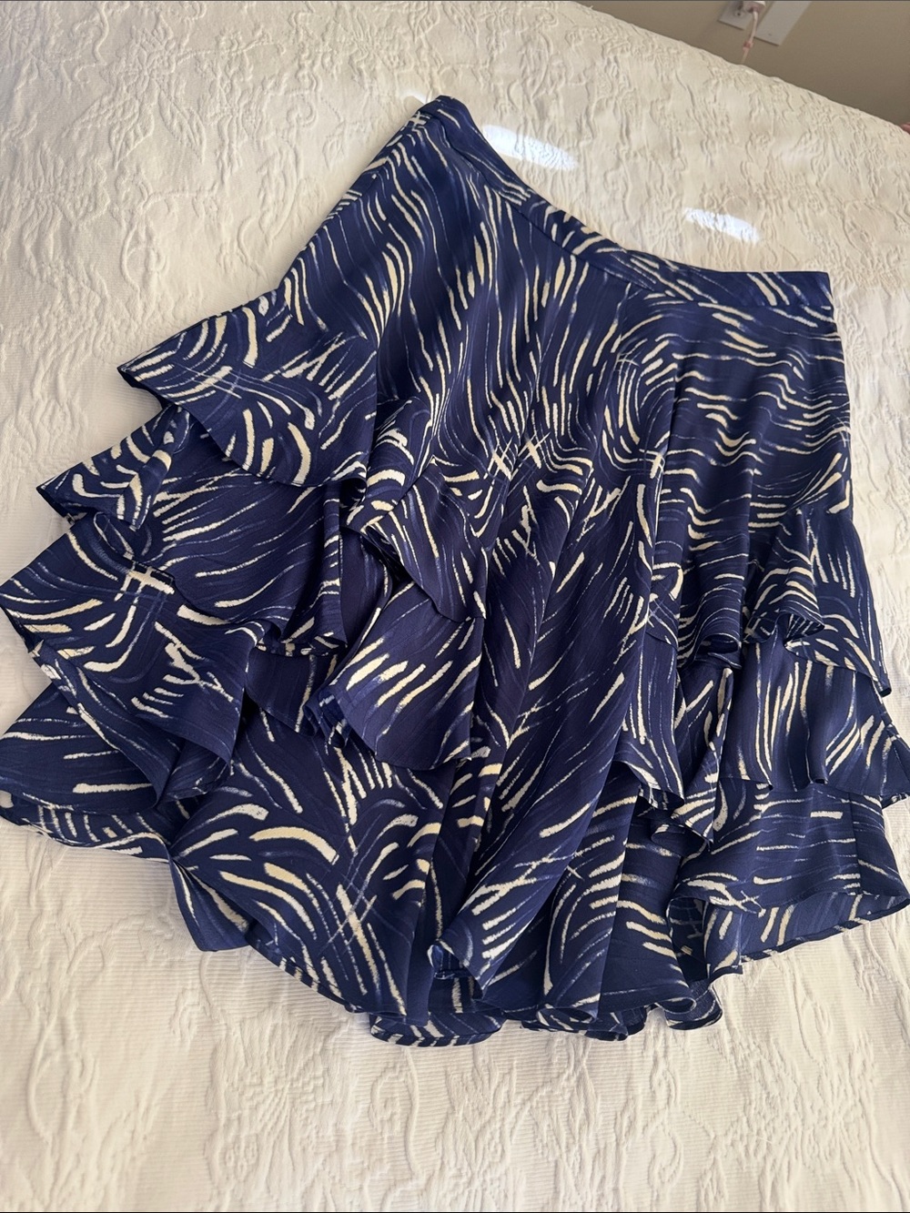 LIL Women’s Navy Blue Ruffle Skirt with Ivory Print from Anthropologie… silk